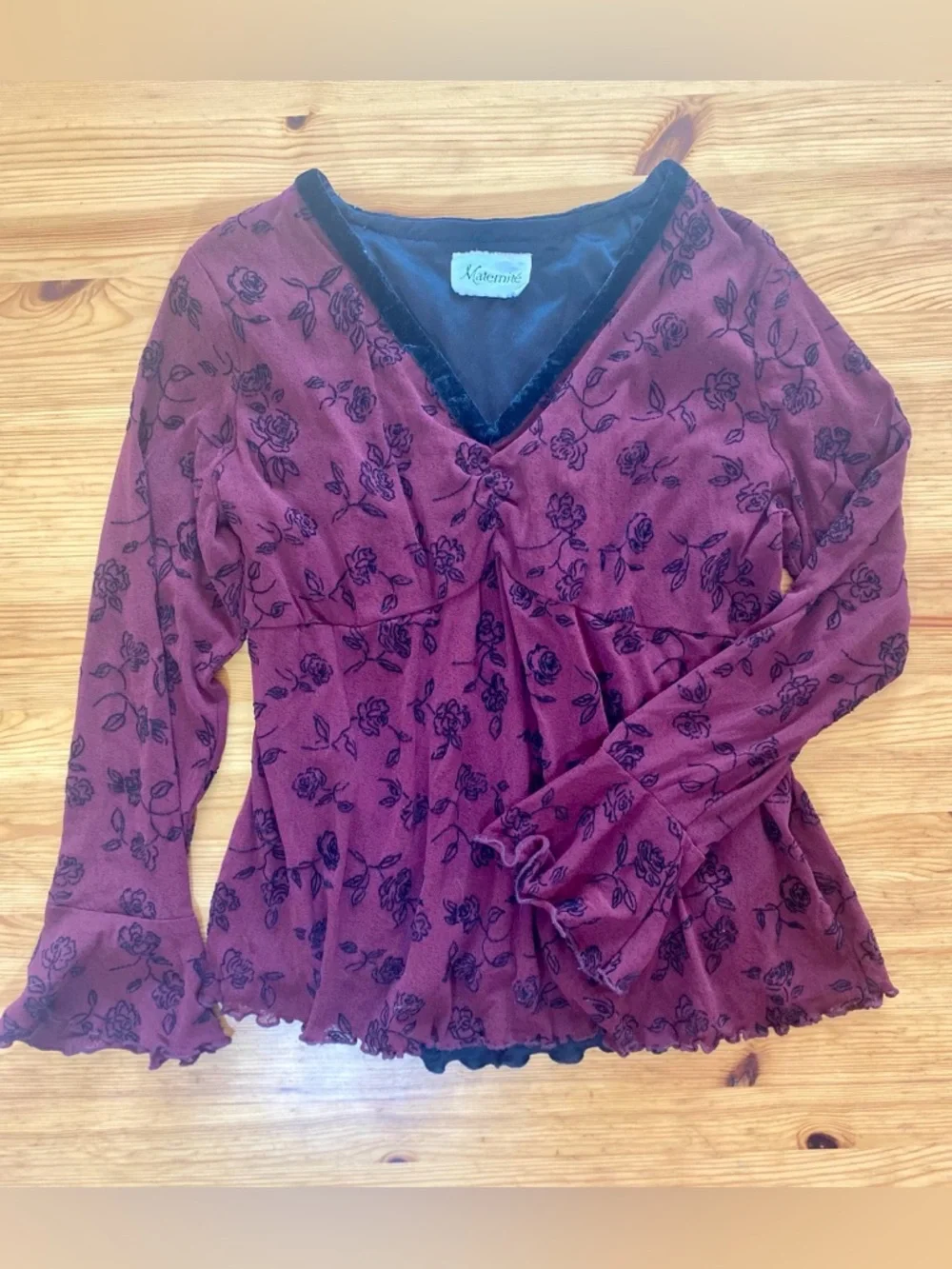Vintage French Whimsigoth Rosette Ruffle Velvet V-Neck Top Burgundy Size Medium